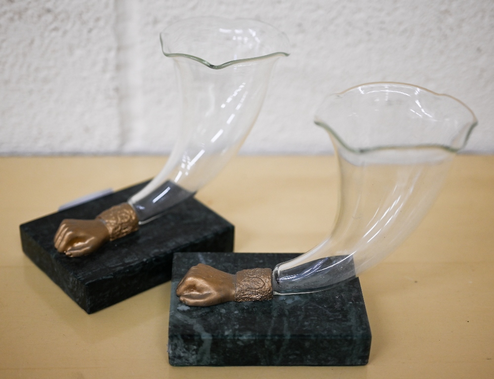 A pair of glass 'cornucopia' horn vases on marbled bases 13 cm high - Image 2 of 5
