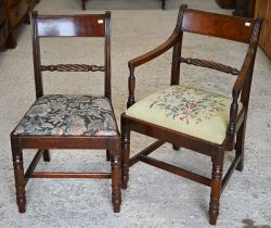 A Regency mahogany rope-back carver chair with floral tapestry seat to/w a matching side chair (