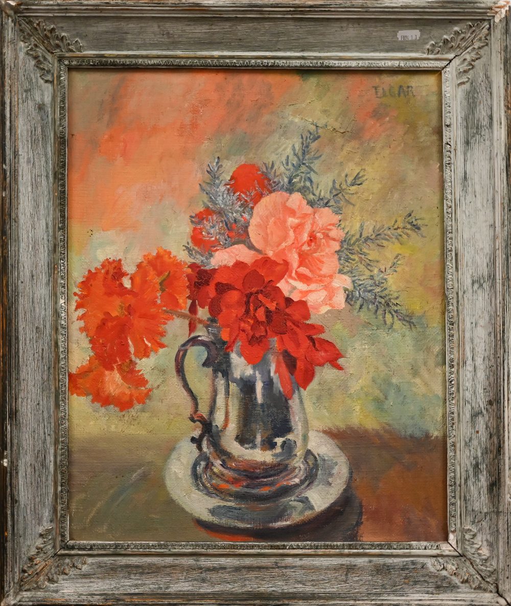 R Elgar - Still life study with begonias in a tankard, oil on canvas, signed upper right, 50 x 39 - Image 2 of 4