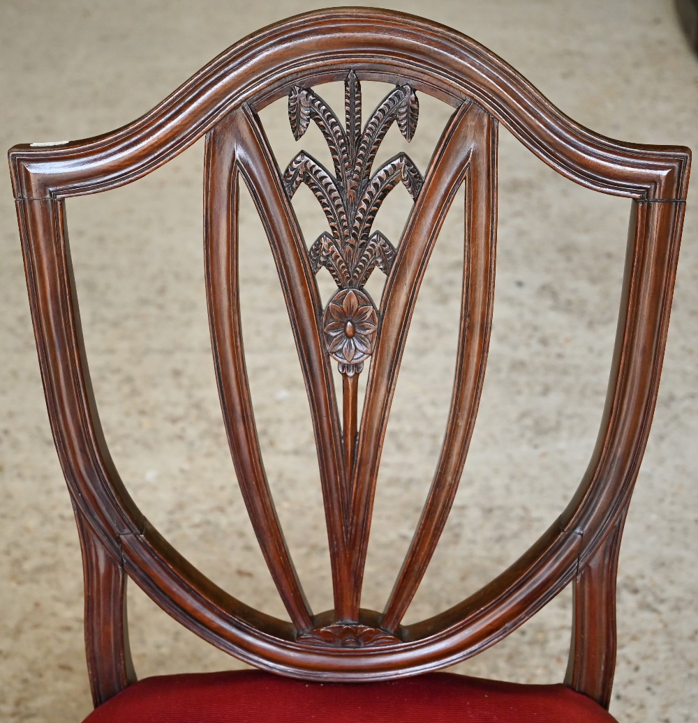 A set of six Edwardian mahogany Hepplewhite style shield-back dining chairs carved with wheat- - Image 3 of 3