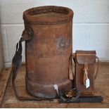 An antique leather shot-bucket, to/w a lacquered brass surveyor's inclinometer by John Pardy of