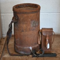 An antique leather shot-bucket, to/w a lacquered brass surveyor's inclinometer by John Pardy of