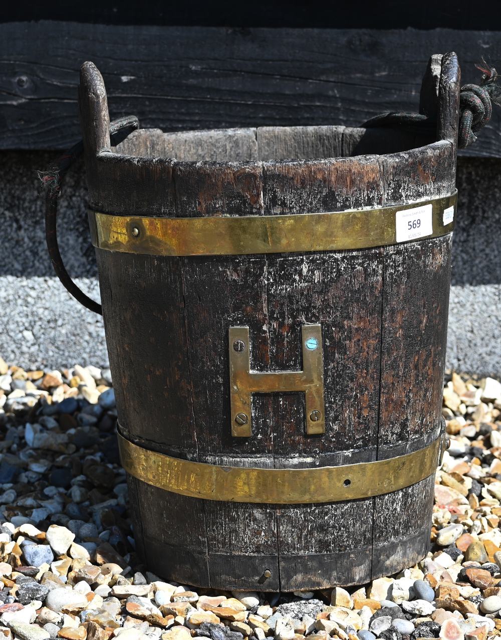A 19th century coopered oak well bucket with brass branding and letter 'H', 37 cm high - Image 2 of 3