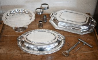 A Victorian epns comport on flared stem, to/w two entrée dishes and covers, two candleshade supports