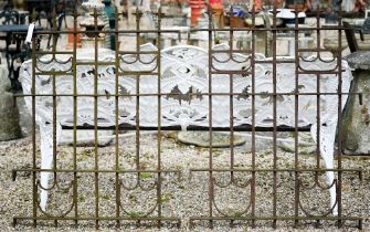 A pair of ornate antique cast iron railing panels, each 86 cm w x 111 cm h (2)
