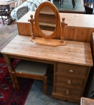 A modern pine dressing table with three drawers c/w oval mirror and stool, 108 x 45 x 75 cm high