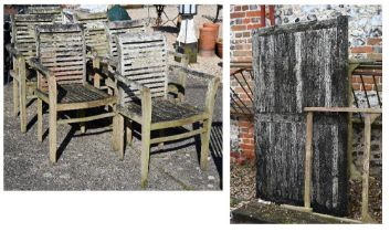 A weathered teak rectangular garden table with six armchairs, table joint pins broken off, all a/f