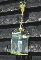 A hexagonal glass and brass ceiling light, 53 cm including chain