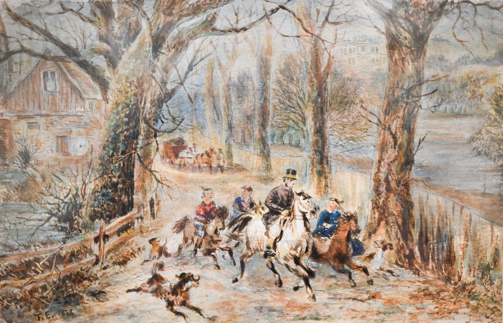 T Emerson - Travellers on horseback, watercolour, signed with initials and dated 1878, 13.5 x 21 cm