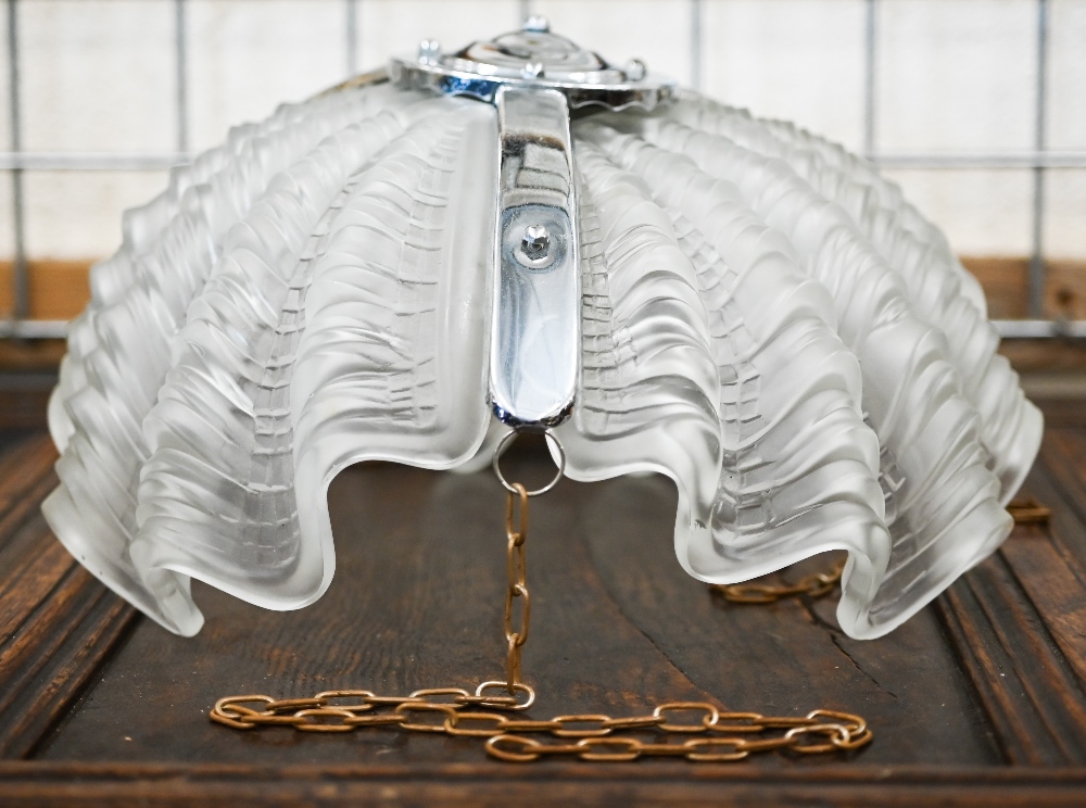 An Art Deco chrome and glass ceiling lightshade with frosted shell segments, to/w two other shell - Image 4 of 5