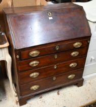 George III mahogany fall front bureau with four graduating drawers, standing on bracket feet, 90 x