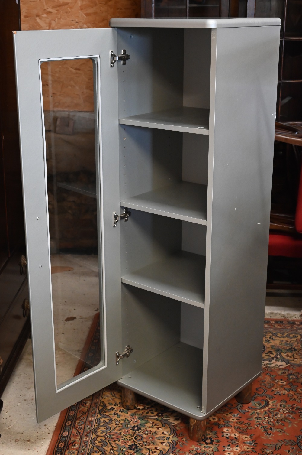 A modern grey painted 'Malibu' cupboard with glazed door, cylindrical chrome feet and three - Image 5 of 5