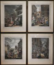Four hand-coloured Hogarth engravings - Morning, Noon, Evening and Night, pub 1790 by Robinson, 50 x