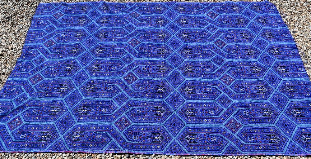 A Persian Quashqai bag face to/w Peking 'dragon' mat, fragment of blue fabric and hessian cushion - Image 7 of 9