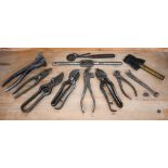 An interesting selection of antique tools, including bullet-mould with ball and bullet casts,