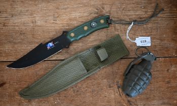 A US RFX M21 training grenade to/w a hunting knife with compass-inset handle and webbing sheath (2)