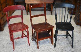 A set of stained beech folding/metamorphic library steps to/w two painted side chairs (3)