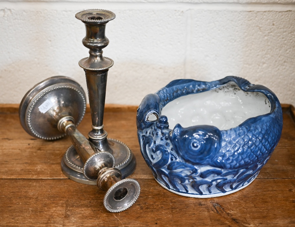 An Asian ceramic bowl decorated with carp, 13 cm high to/w a pair of epns baluster candlesticks (3)