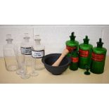 Seven antique/vintage apothecary bottles - all named to/w three glass conical measures, an eye-
