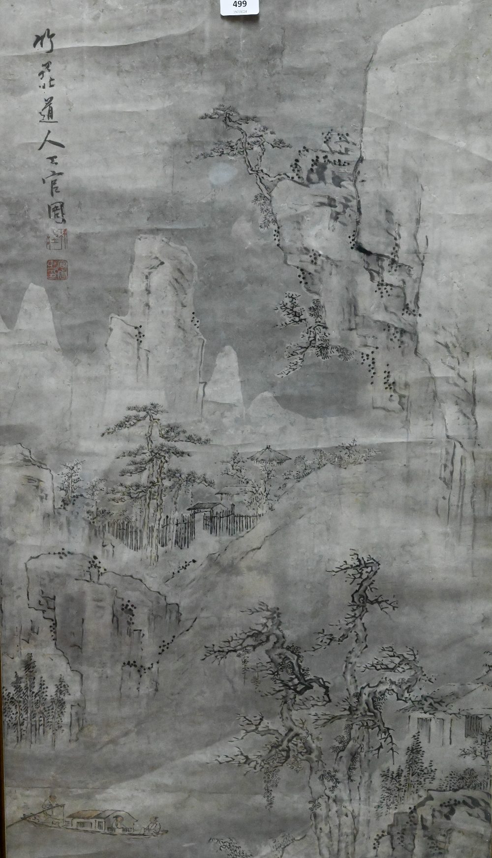 After Shang Guan Zhou, A Chinese landscape painting, ink and colour on paper of a mountainous - Image 2 of 4