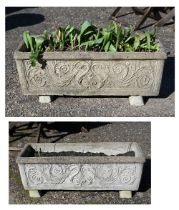 A pair of weathered cast stone rectangular garden planter troughs, 83 cm long (2)