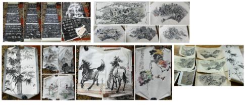 A collections of 20th century traditional Chinese paintings on paper and silk depicting various