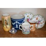 A Wedgwood blue jasper slip cache-pot to/w a pair of Dresden floral-painted tea plates, a Doulton