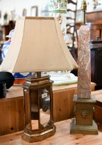 A red-veined marble obelisk table lamp on gilt metal pedestal base 75 cm high to/w a giltwood