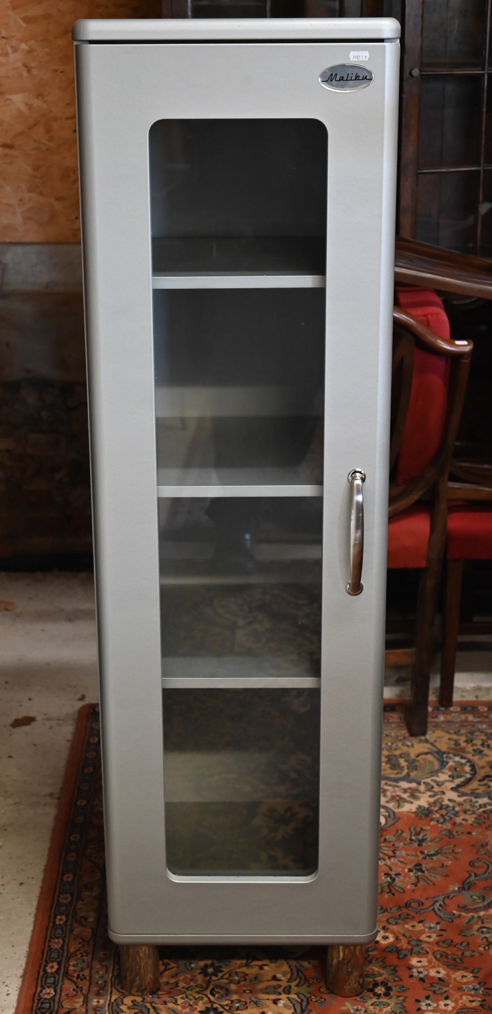 A modern grey painted 'Malibu' cupboard with glazed door, cylindrical chrome feet and three - Image 2 of 5