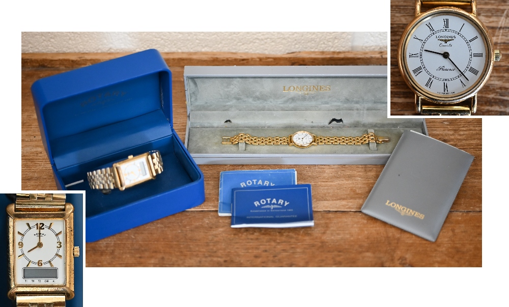 A lady's gilt metal 'Presence' quartz wristwatch - boxed with paperwork (1990) to/w a boxed Rotary