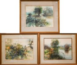 Wendy Jelbert - A trio of watercolour views - 'Reflections', 'Over the stile', and 'Country Walk',
