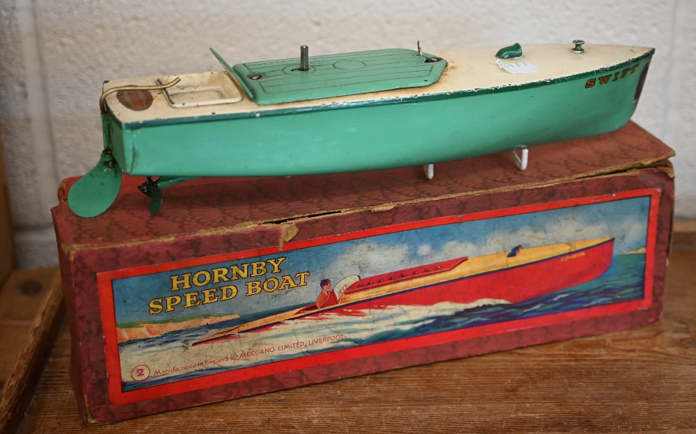A vintage boxed Hornby clockwork Speedboat 'Swift' to/w two Tri-ang Minic trucks (a/f), a boxed - Image 2 of 5