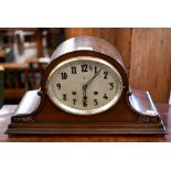 A 1930s German Gustav Becker tambour cased mantel clock, triple train movement striking/chiming on