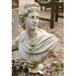 A cast stone garden bust of Caesar, 50 cm h, socle damaged