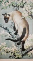 After Charles Tunnicliffe - Siamese cat in apple blossom tree, 67 x 36 cm with impressed back stamp,