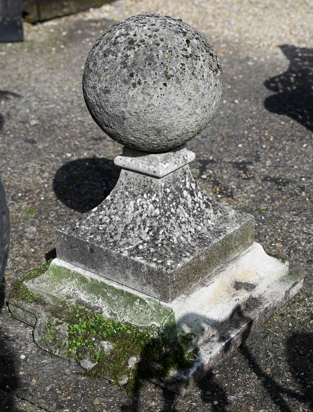 A large pair of antique weathered cast stone ball finial pier caps, raised on tapering form square - Image 6 of 7