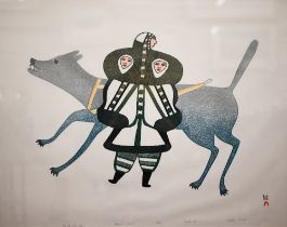 Pudlo Pudat - My big sled dog, stonecut and stencil print, signed and dated 1990, 52 x 69 cm
