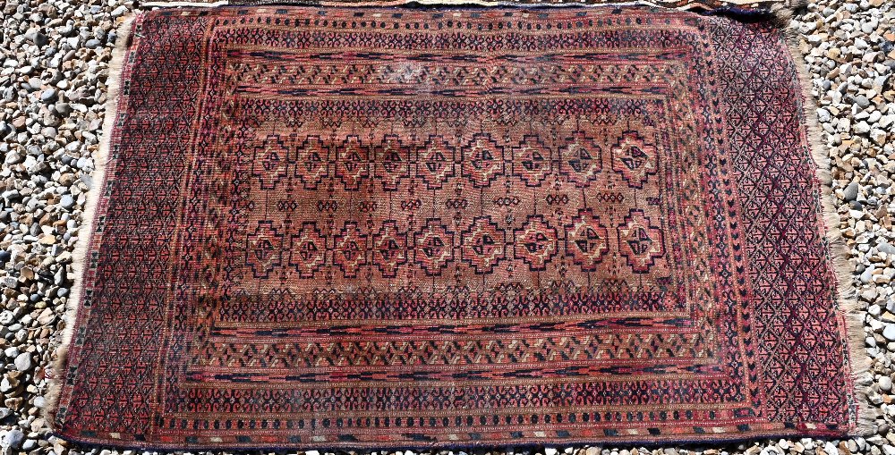 An small antique Turkoman rug, 122 cm x 78 cm to/w a Turkoman bag face, 97 cm x 84 cm and a camel - Image 6 of 6