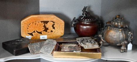 Two Japanese metal incense burners and covers (koro) to/w a Chinese inkstone, Song style stoneware