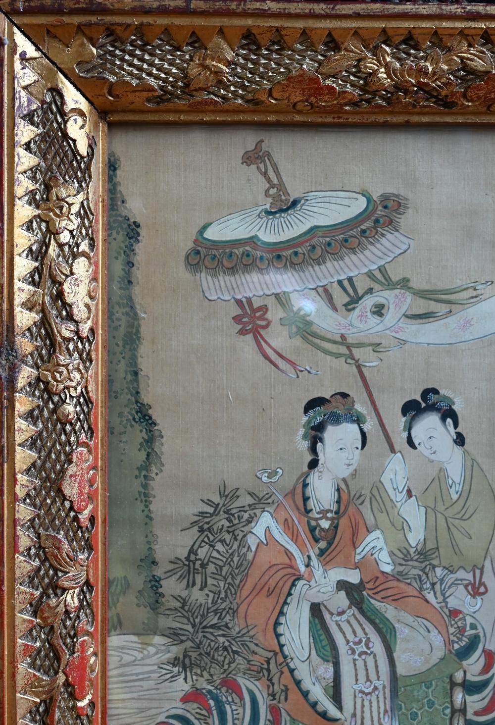 A late 19th or early 20th century Chinese painting on silk, late Qing dynasty, of a seated lady with - Image 7 of 7