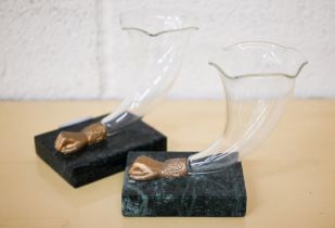 A pair of glass 'cornucopia' horn vases on marbled bases 13 cm high
