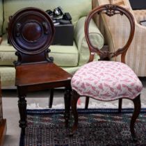 A Victorian carved walnut balloon back side chair to/w a 19th century mahogany hall chair a/f (2)