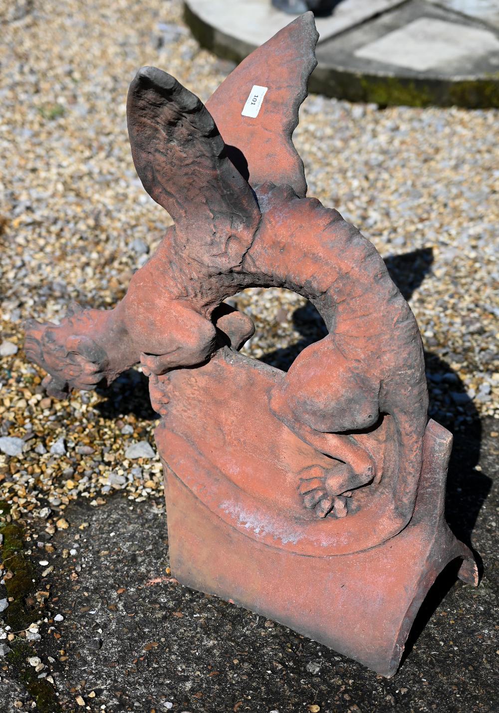 A reconstituted aged terracotta large 'dragon' ridge tile, 65 cm high - Image 2 of 2