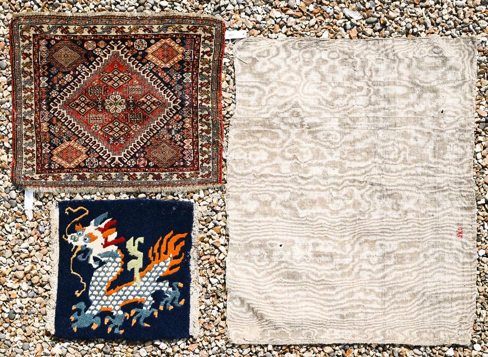 A Persian Quashqai bag face to/w Peking 'dragon' mat, fragment of blue fabric and hessian cushion - Image 2 of 9