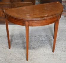 A 19th century mahogany folding demi-lune card table with baize lining, 92 x 45 x 70 cm h a/f