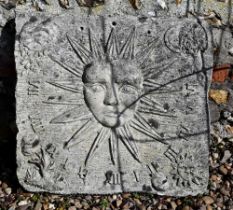 A weathered cast stone sundial plaque, 50 cm x 54 cm
