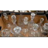 A Baccarat covered bonbon bowl and nine various cut and moulded glass decanters (box)