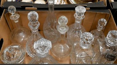 A Baccarat covered bonbon bowl and nine various cut and moulded glass decanters (box)