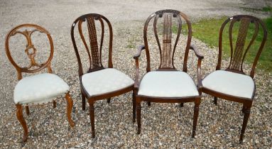 Three mahogany lyre-back dining chairs (1 carver, 2 standard) to/w a carved walnut side chair (4)