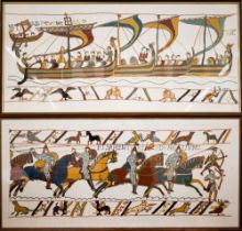Two large framed hand-embroidered sections after the Bayeux tapestry, 53 x 116 cm